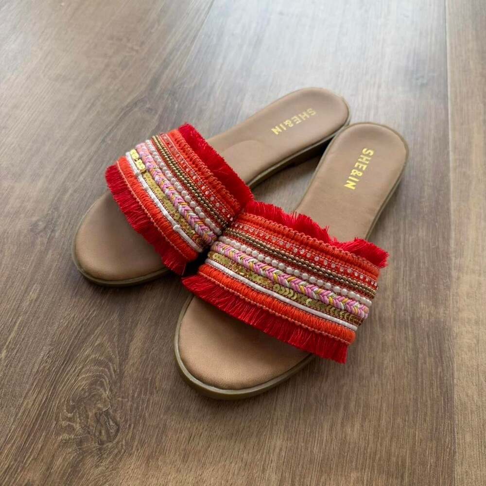 SHEIN red and orange fringed boho style slide on sandals with sequins